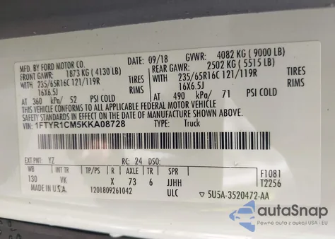 2019 Ford Transit-250 из США, поврежденный, VIN 1FTYR1CM5KKA08728